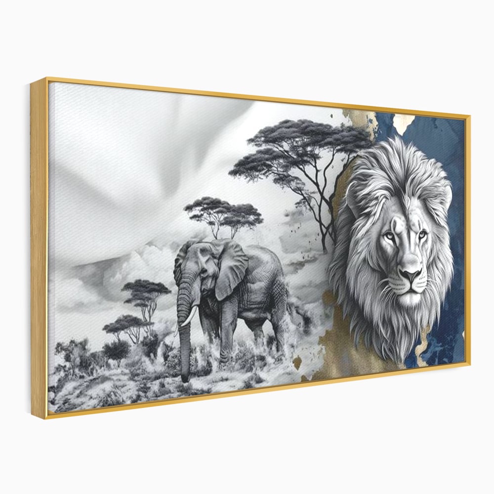 Tablou canvas cu tablou canvas cu leu si elefant, in rama de aluminiu auriu